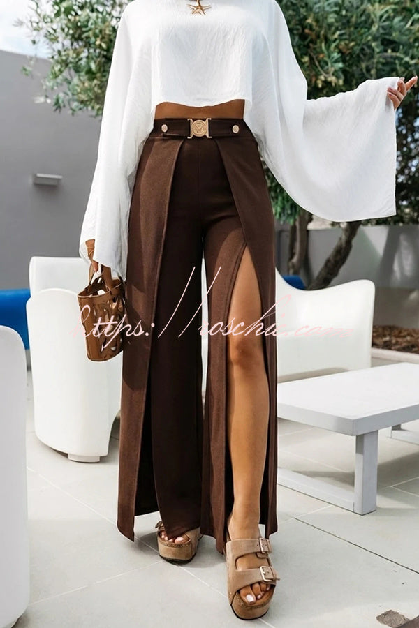 Mezcal High Rise Metal Buckle Elastic Waist Belt Slit Wide Leg Pants