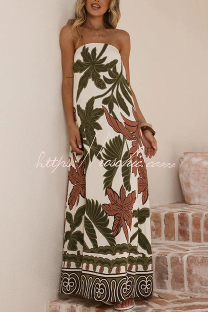 Botanical Print Sleeveless Off-shoulder Resort-style Loose Maxi Dress