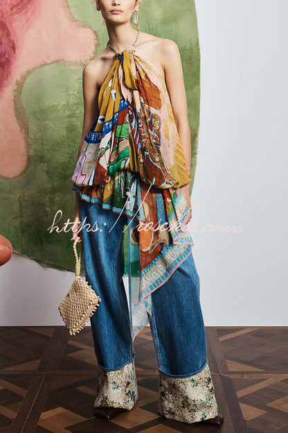 Artwork Print Chiffon Metal Clasp Halter Neck Gathered Drop Asymmetrical Hem Top