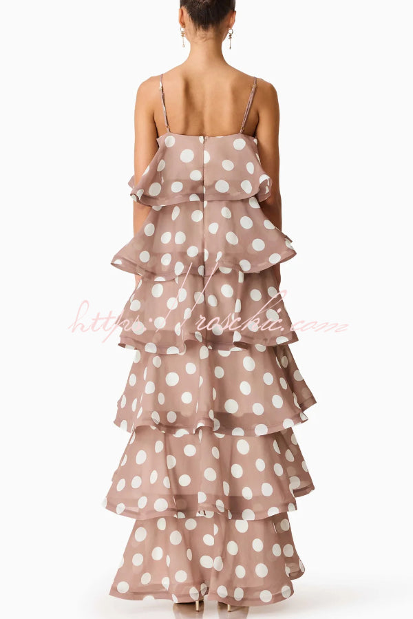 Polka Dot Print Layered Square Neck Suspender Casual A-line Maxi Dress