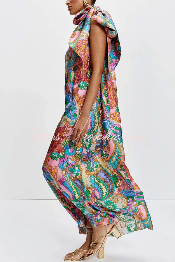 Rainbow Breeze Satin Unique Print Bow One Shoulder Loose Maxi Dress
