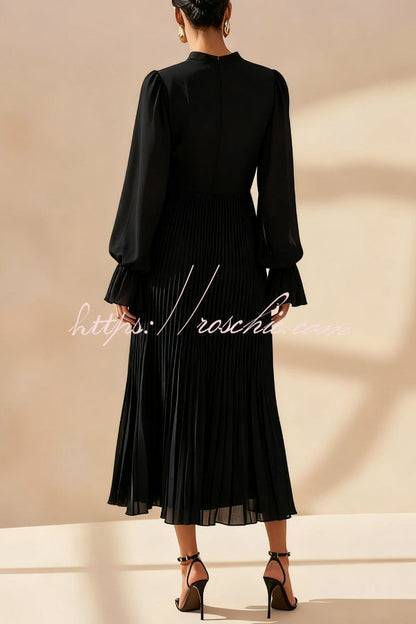 Solid Color Round Neck Long Sleeve Fitted Waist Pleated Ruffle Midi Dress