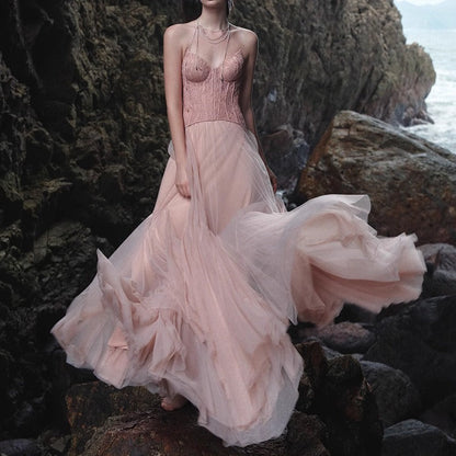 Lace Bone Tube Mesh Flared Prom Dress