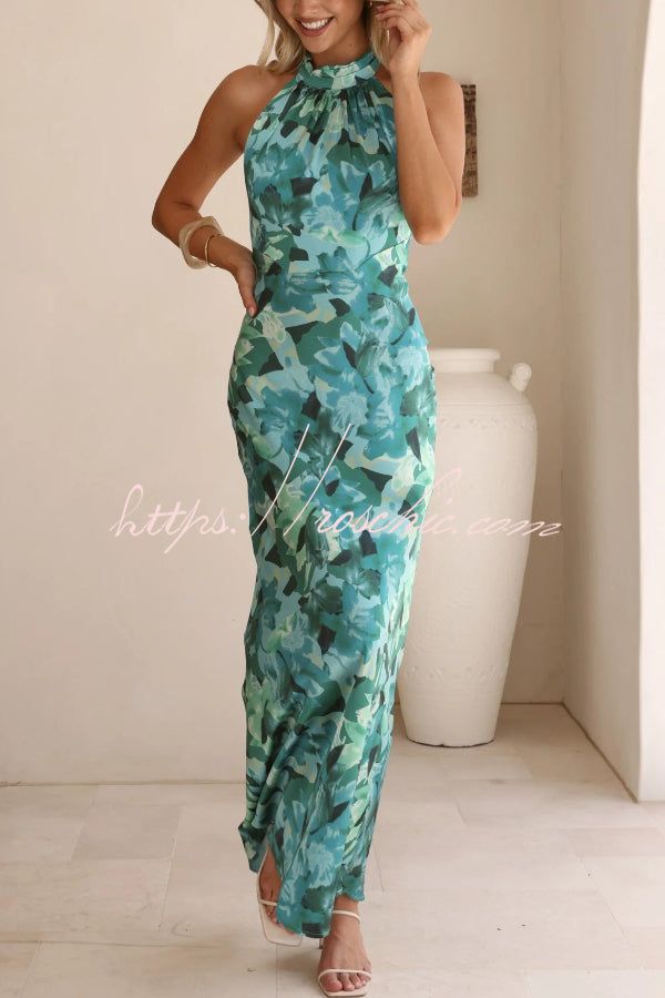 Floral Print Sleeveless Halter Neck Tie Holiday Maxi Dress