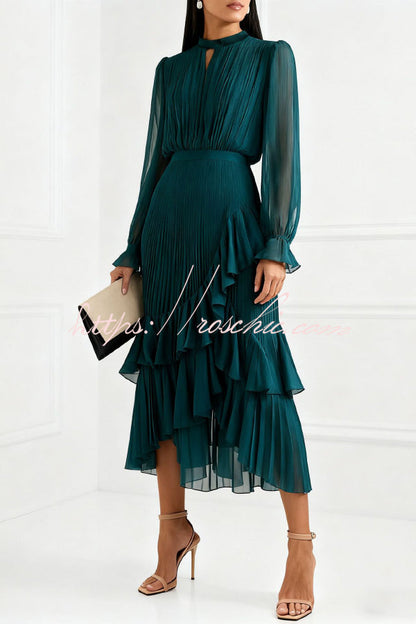 Solid Color Round Neck Long Sleeve Fitted Waist Pleated Ruffle Midi Dress