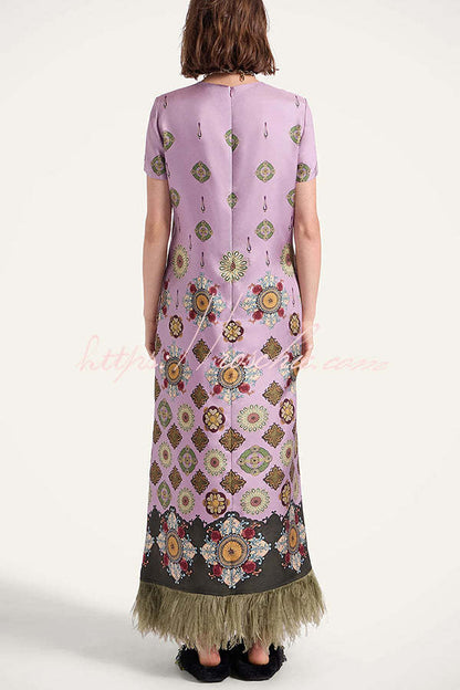 Lucia Satin Baroque Court Style Printed Short Sleeve Pocket Feather Trim Maxi Dress