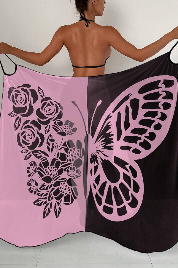 Fashionable Color-blocked Butterfly Print Resort Cover-up Midi Dress