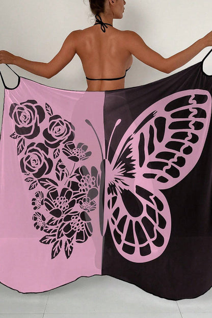 Fashionable Color-blocked Butterfly Print Resort Cover-up Midi Dress