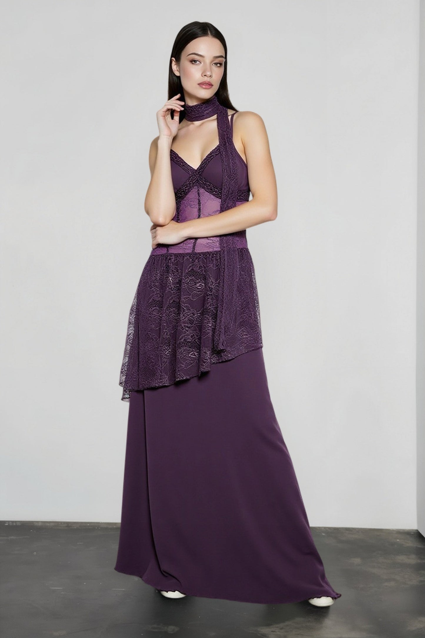Lace Trim Sheer Waist Tie Cami Maxi Lace Dress