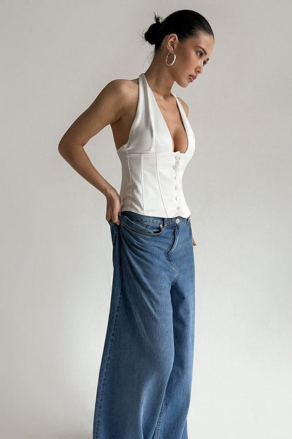 Top halter escotado liso con botones, sexy