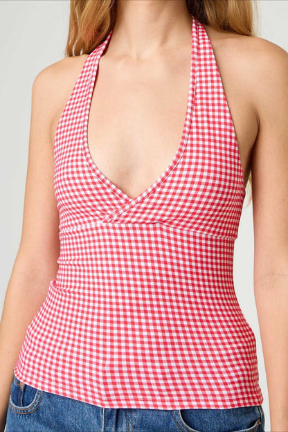 Top halter ajustado de cuadros y lunares sexi