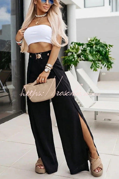 Mezcal High Rise Metal Buckle Elastic Waist Belt Slit Wide Leg Pants