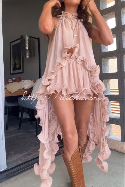 Romantic Drama Chiffon Wavy Ruffles Halter Irregular A-line Top (Shipped Within 24 Hours)