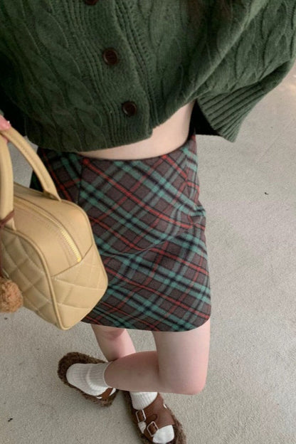 Falda Corta Ajustada de Talle Alto Vintage de Tweed a Cuadros
