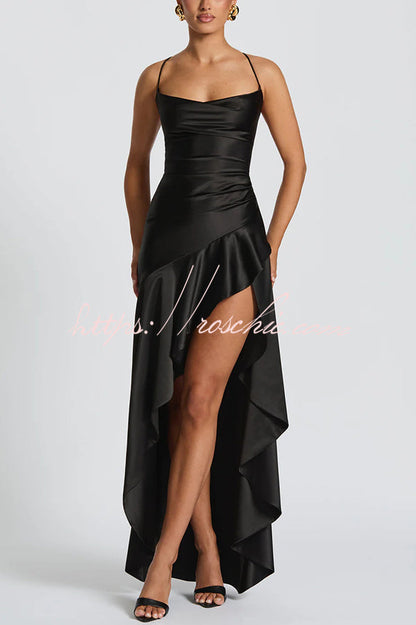Solid Color Sexy Backless Lace-up Irregular Ruffled Maxi Dress