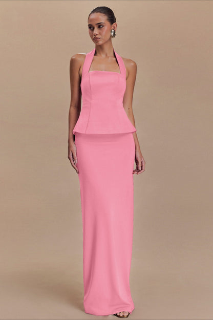 Vestido Formal Largo sin Espalda con Cuello Halter Liso