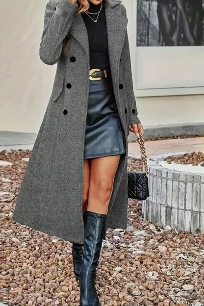 Abrigo Chic Cruzado con Solapas de Mezcla de Lana