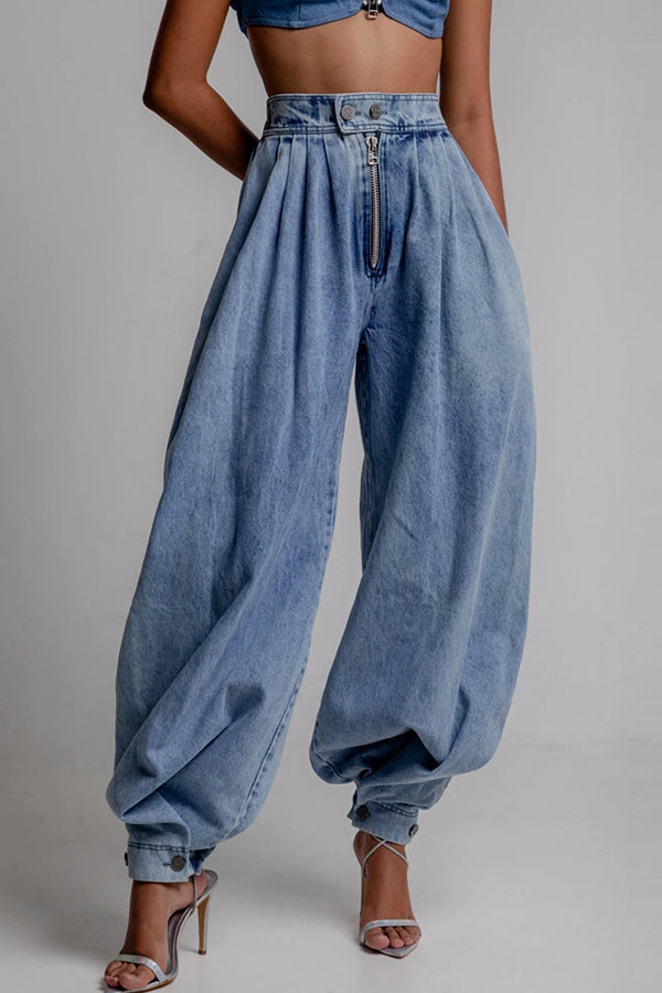 Fashion High Waist Vintage Zipper Cuffed Loose Jeans
