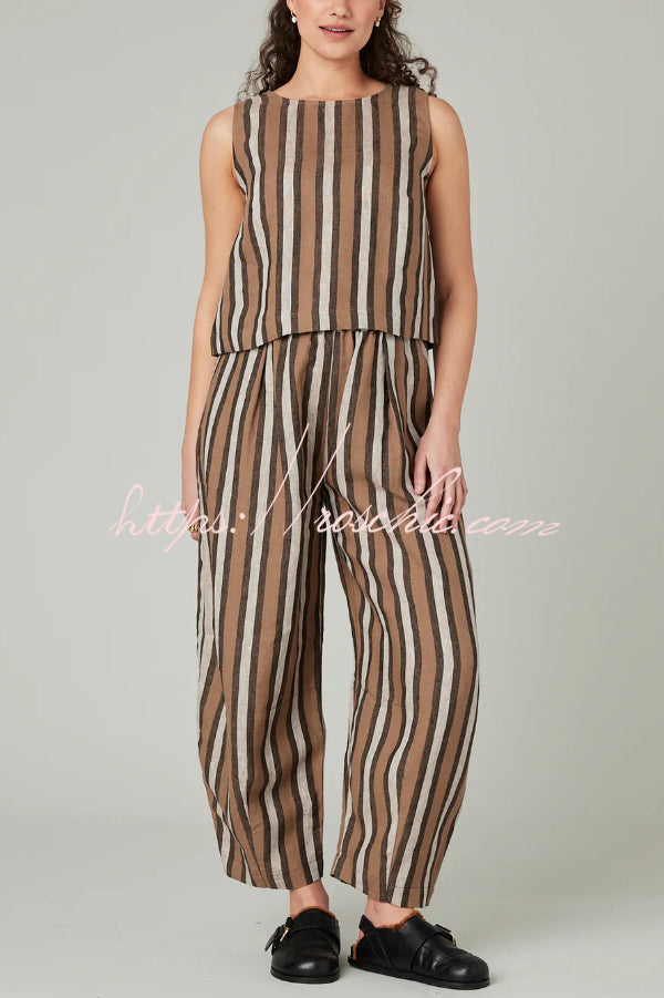 Striped Printed Crew Neck Sleeveless Top and Elastic Waist Wide-leg Pants Set