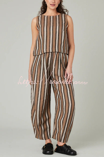 Striped Printed Crew Neck Sleeveless Top and Elastic Waist Wide-leg Pants Set
