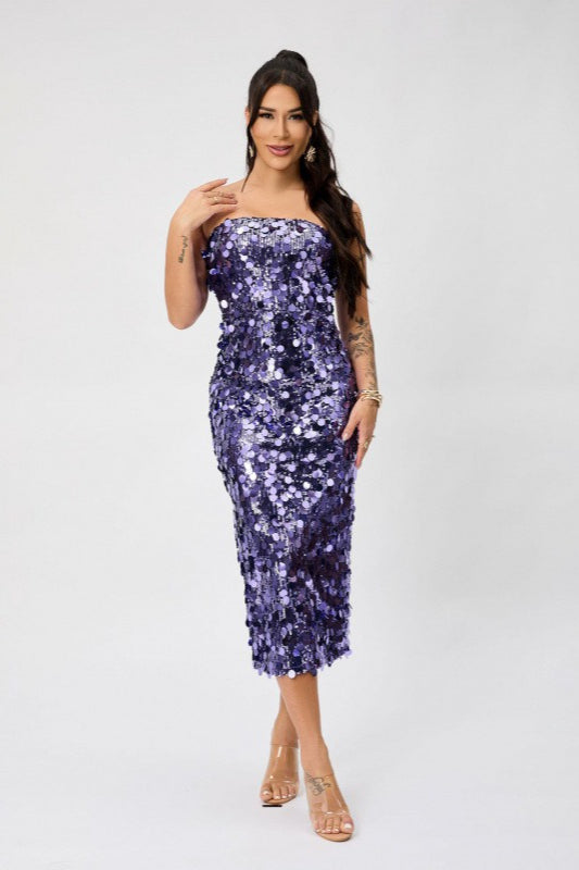 Strapless Backless Sequin Split  Party Sequin Dress