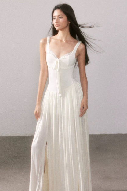 Lace Knit Cami Slit Flowy Maxi Dress