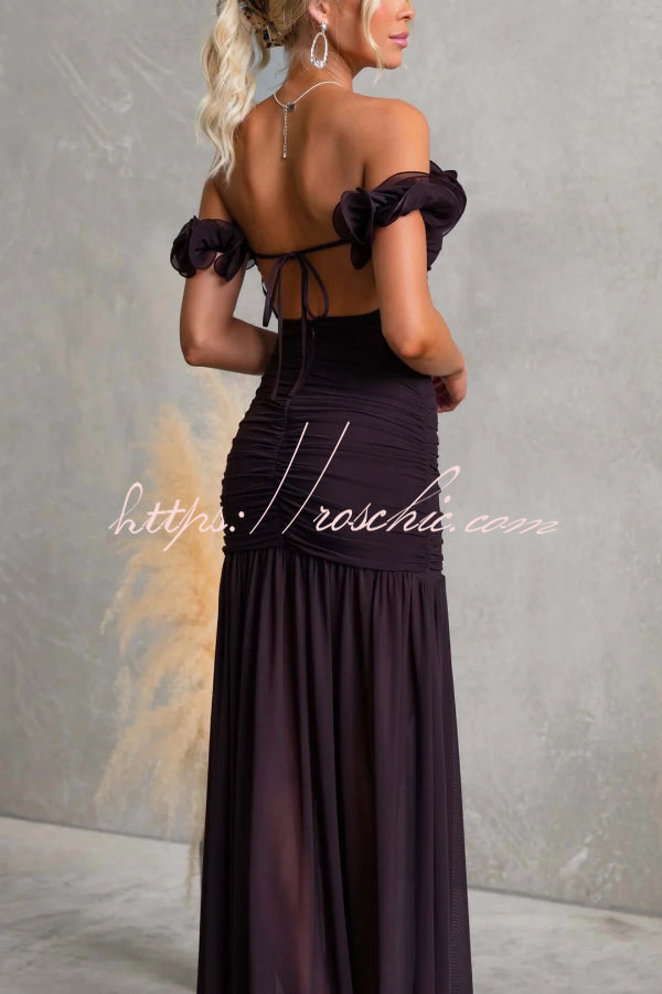 Solid Color Off-shoulder Pleated Backless Slim-fit Elegant Mesh Maxi Dress