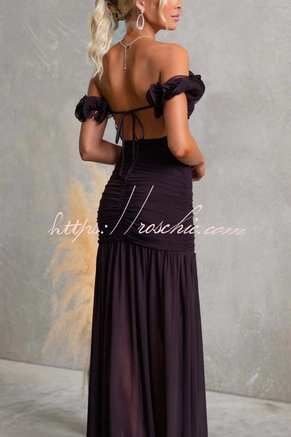 Solid Color Off-shoulder Pleated Backless Slim-fit Elegant Mesh Maxi Dress