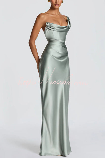 Thalassa Satin One Shoulder Scooped Neck Bias Cut Pleated Maxi Dress