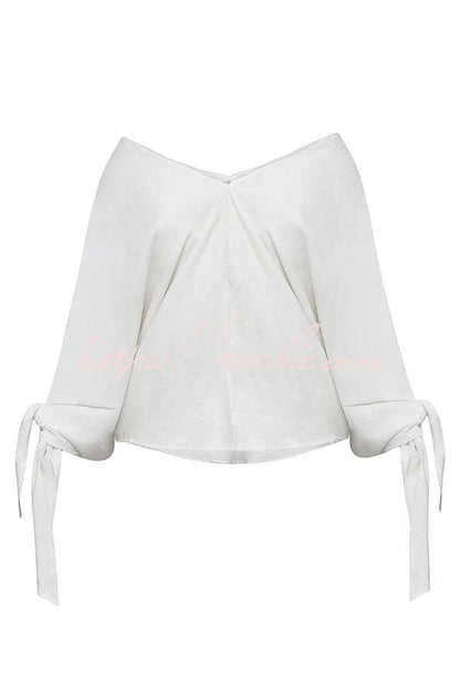 Joyful Bond Linen Blend V-neck Knotted Cuff Half Sleeve Loose Top