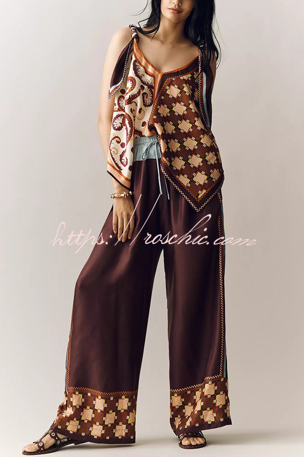 Wilson Satin Unique ColorBlock Print Scarf Top and Elastic Waist Pocket Wide Leg Pants Set