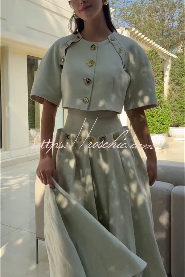 Custom Look Linen Blend Unique Metal Pattern Buttons Slit Half Sleeve Crop Jacket