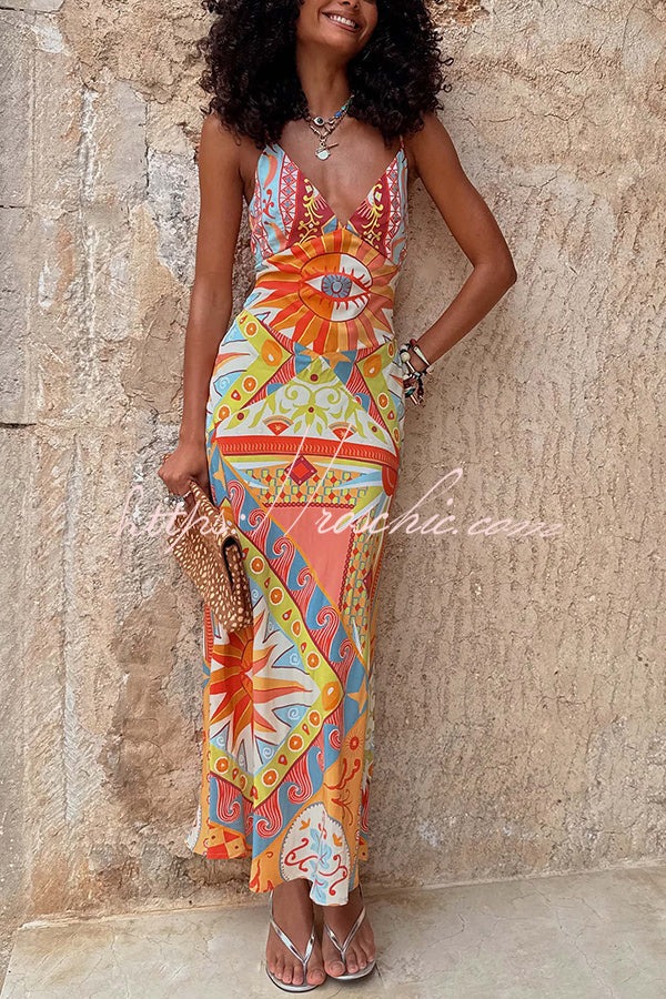 Streets of Spain Unique Art Print V-neck Slip Drape Maxi Dress