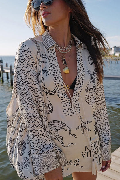 Live By Water Satin Unique Letter Print Tassle Shirt and Elastic Waist Shorts Set (Shipped Within 24 Hours)