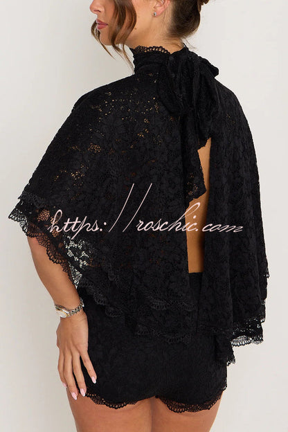 Stylish Openwork Lace Loose Top and Side Zipper Slim-fit Shorts Set