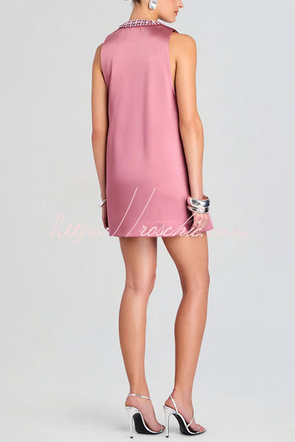 Elegant Demeanor Satin Gemstone Trim Deep V-Neck Tank H-line Mini Dress