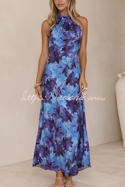 Floral Print Sleeveless Halter Neck Tie Holiday Maxi Dress