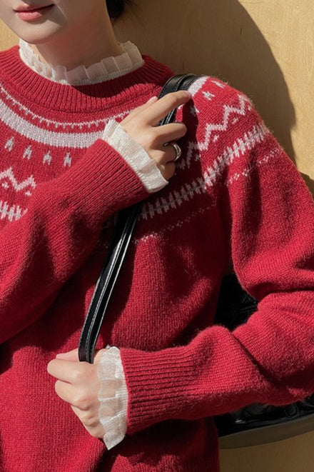 Suéter minimalista suelto de cuello redondo con bloques de color y diseño Fair Isle