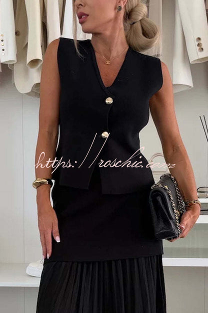 Stylish and Elegant Knit Gold Buttons V-neck Loose Vest