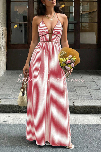 Striped Print V-Neck Sleeveless Backless Holiday Maxi Dress