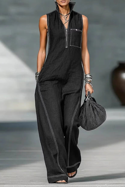 Solid Color Sleeveless Stand Collar Casual Pocket Loose Wide-leg Jumpsuit