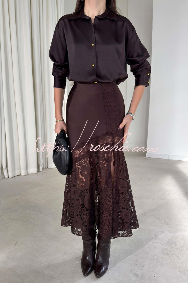 Solid Color Silk Satin and Lace Spliced elegant Maxi Skirt