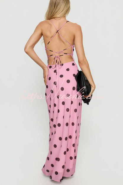 Polka Dot Print Halter Neck Backless Tie Elegant Slim-fit Maxi Dress