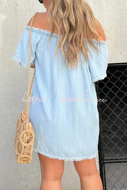 Fashionable Off Shoulder Short-sleeved Loose Denim Mini Dress