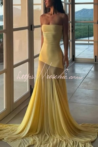 Solid Color Sleeveless Off-shoulder Mesh-paneled Fitted Maxi Dress