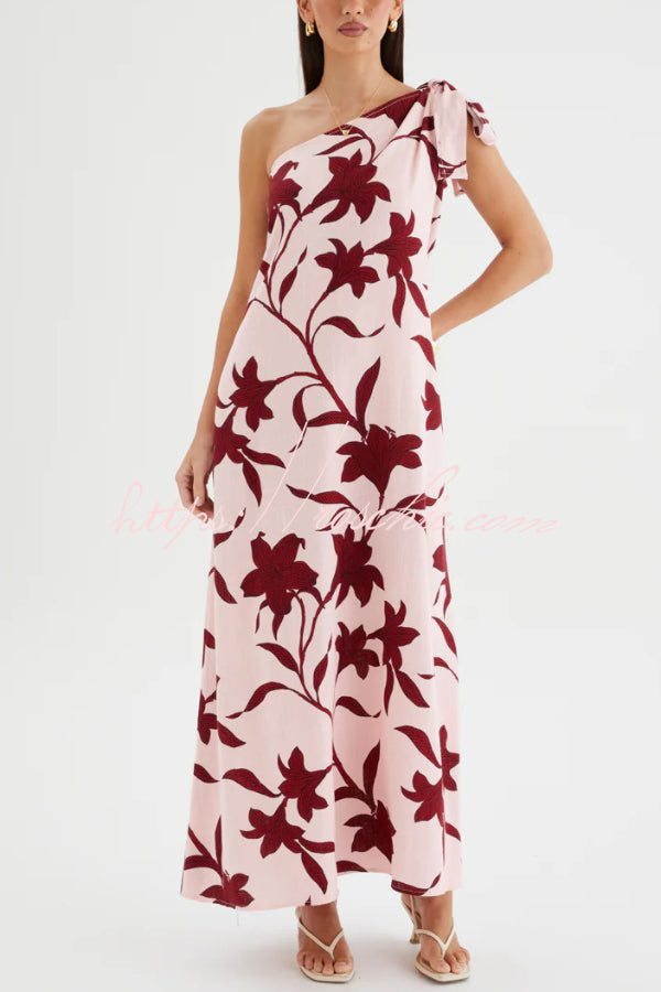 Botanical Print Sleeveless One-shoulder Tie-up Casual Vacation Maxi Dress