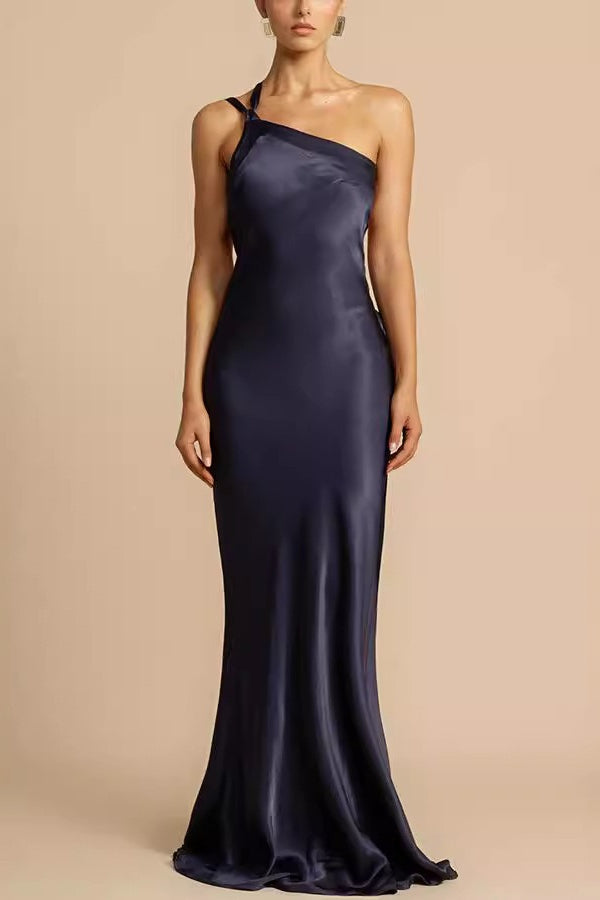 Bodycon Asymmetrical Neck Silk Dress