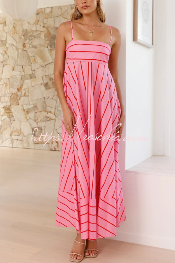 Striped Printed Spaghetti Strap Sleeveless Back Pleated Casual Maxi Dress