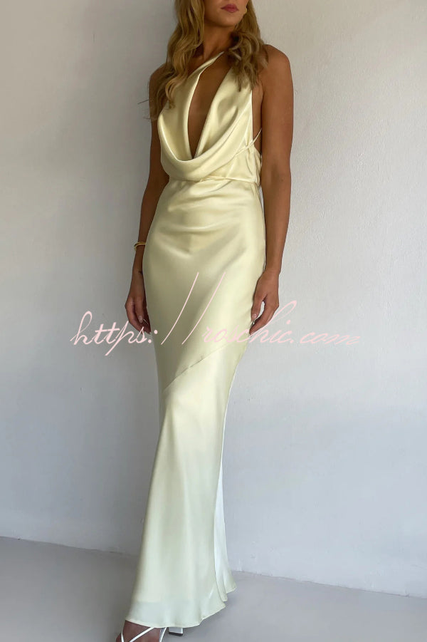Solid Color Halter Neck Tie Backless Slim Fit Drape Maxi Dress