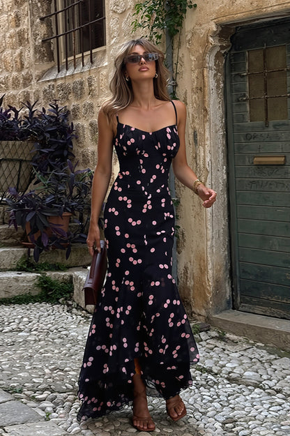 Vestido largo de sirena con estampado floral, tirantes finos y abertura